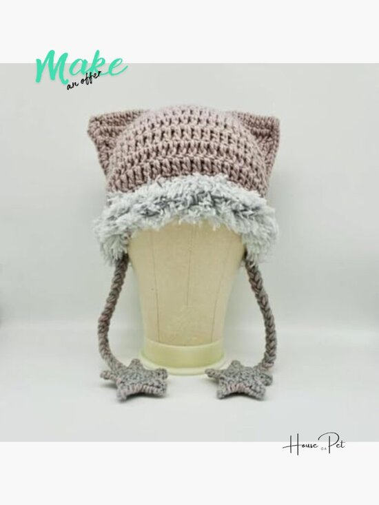 Polyester Knit Beanie with Cat Ears, Y2K Grunge Winter Hat
